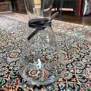 Jan Barboglio Clear Glass Carafe or Vase with laurel etching. Perfect condition!